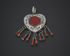 Turkmen Carnelian Heart Shaped Pendant with Coral Dangles