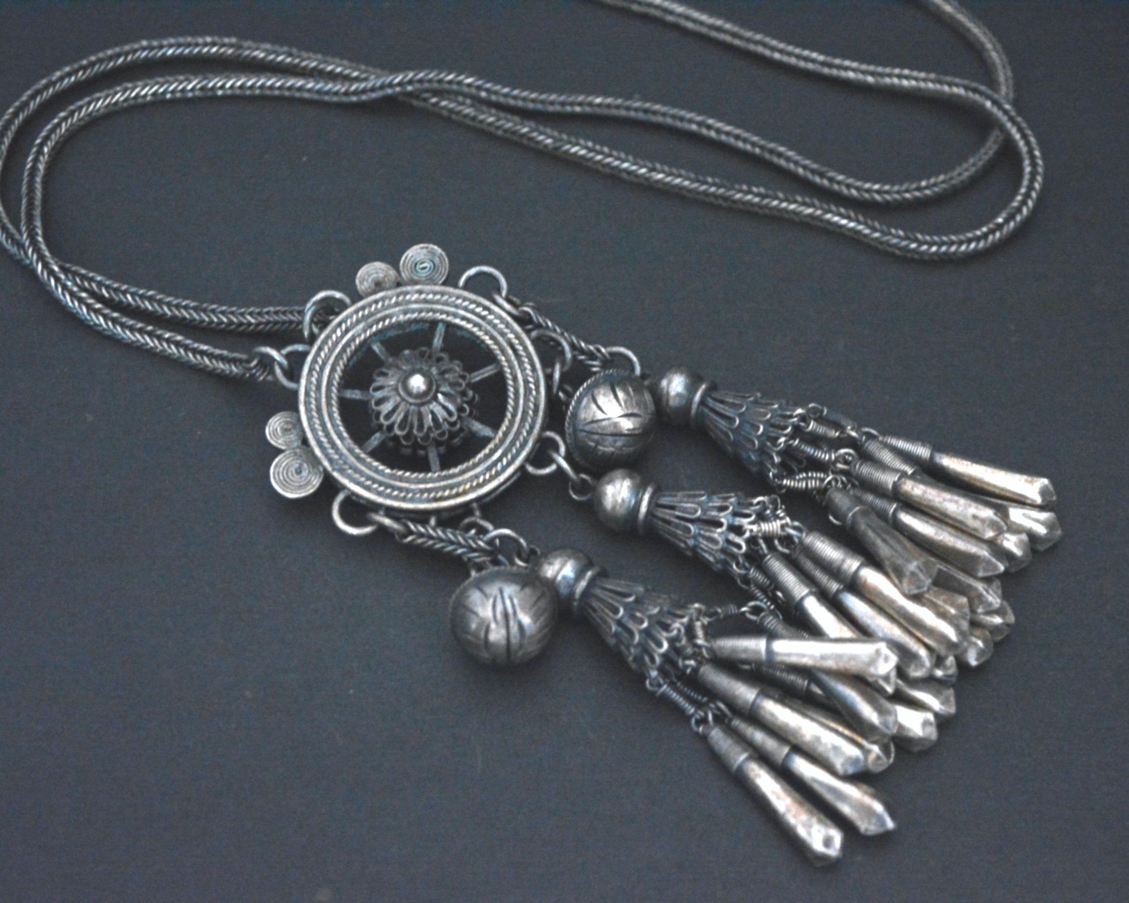 Old Miao Chinese Silver Necklace on Woven Chain