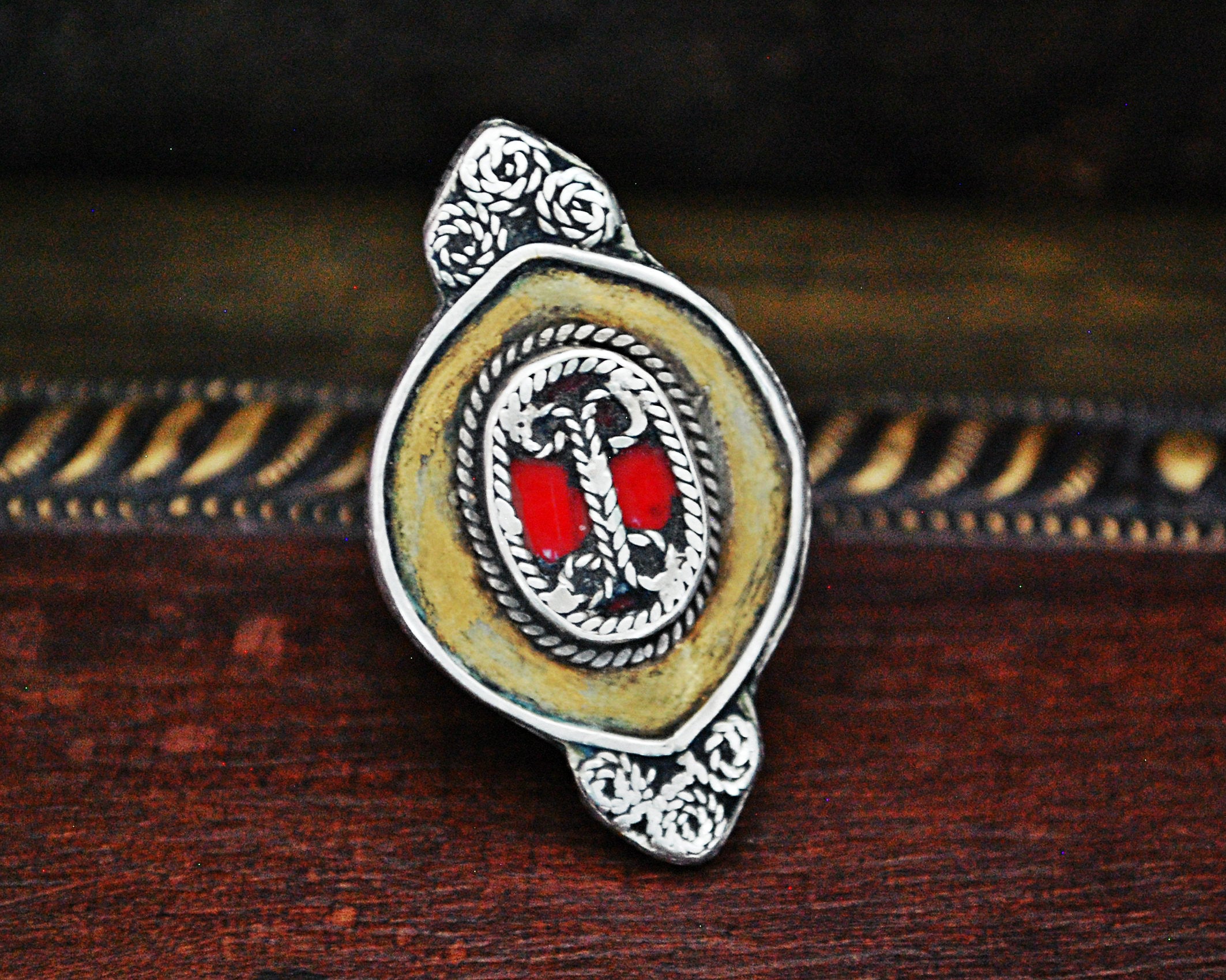 Tribal Kazakh Silver and Gold Gilded Ring - Size 7.5