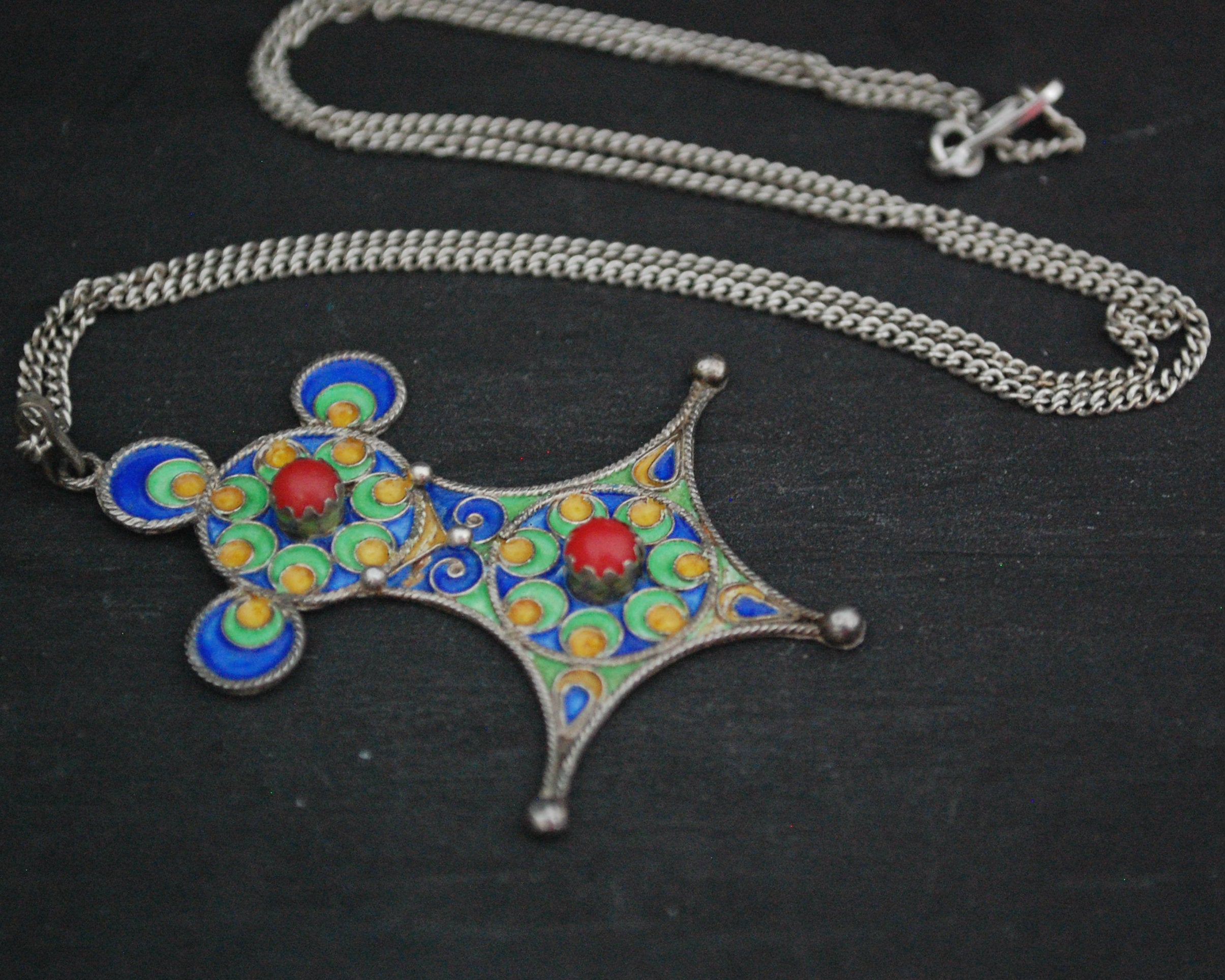 Berber Enamel Cross Pendant on Silver Chain
