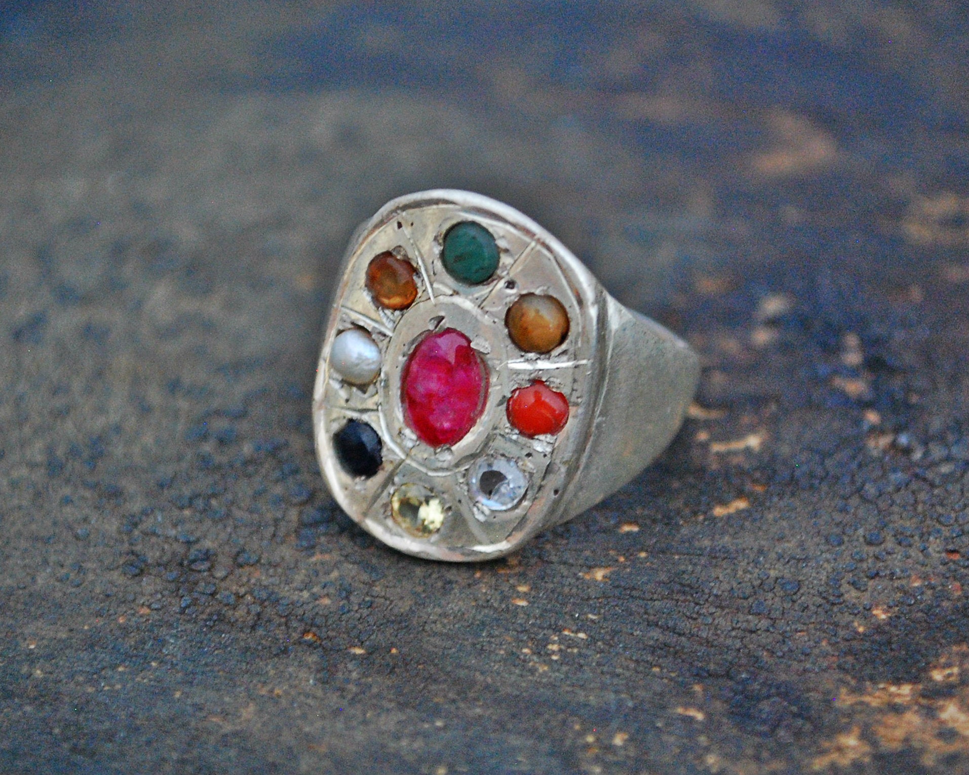 Indian Navaratna Nine Gemstone Astrology Ring - Size 8.5
