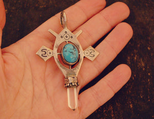 Tuareg Style Silver Cross Pendant with Turquoise and Crystal Quartz Tip
