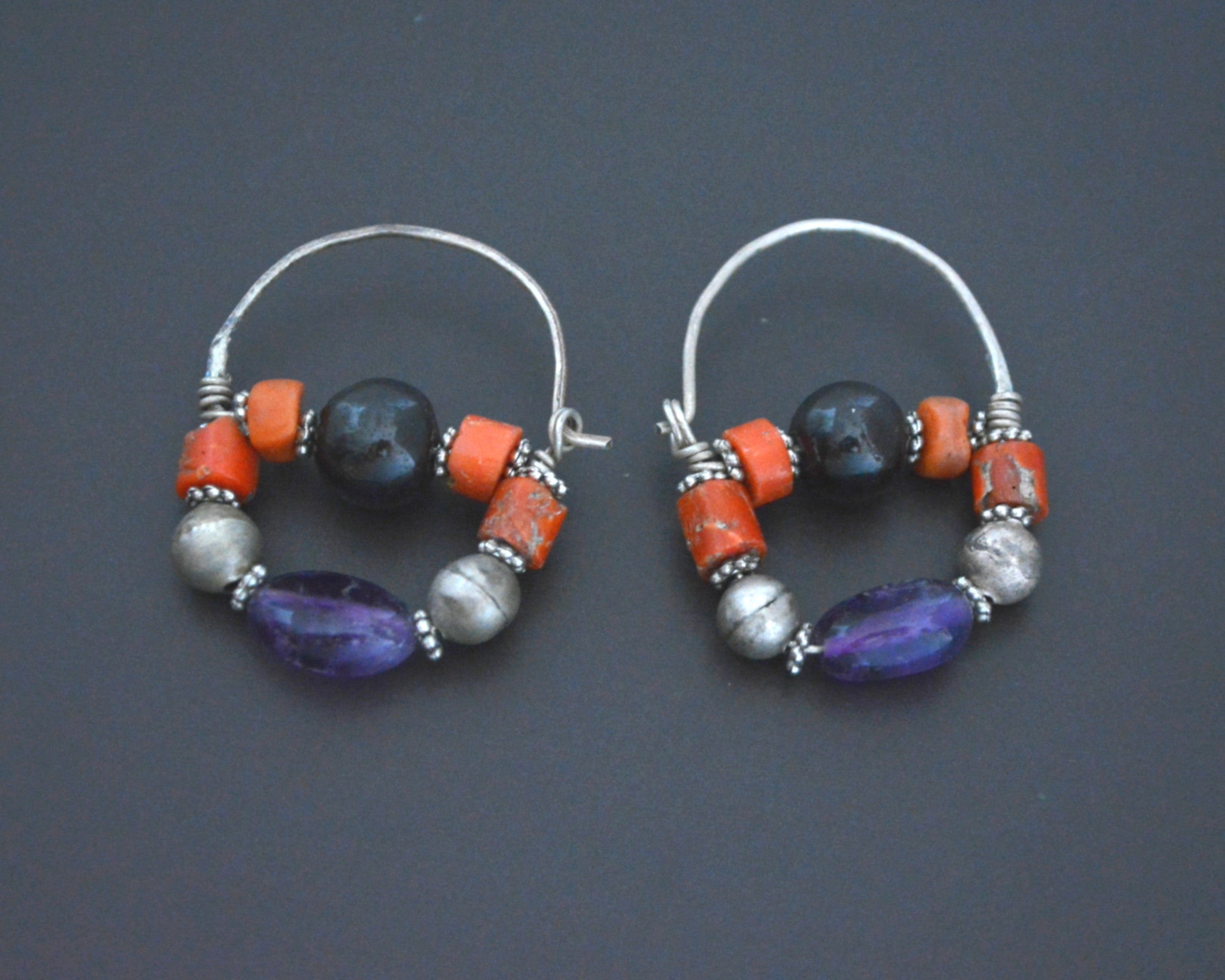 Uzbek Coral Amethyst Hoop Earrings