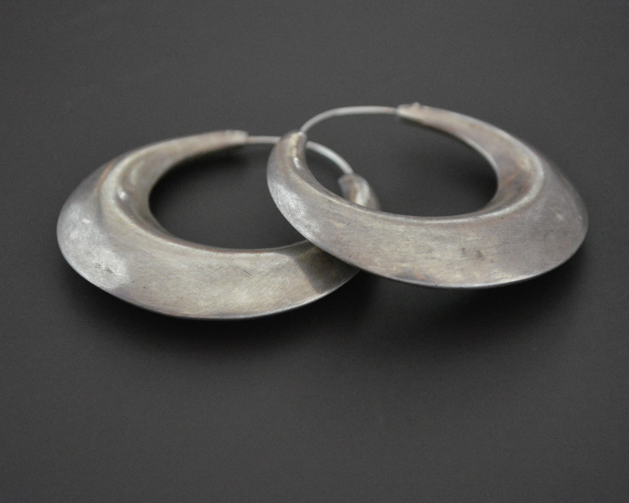 Large Flatened Ethnic Hoop Earrings Brushed - LARGE