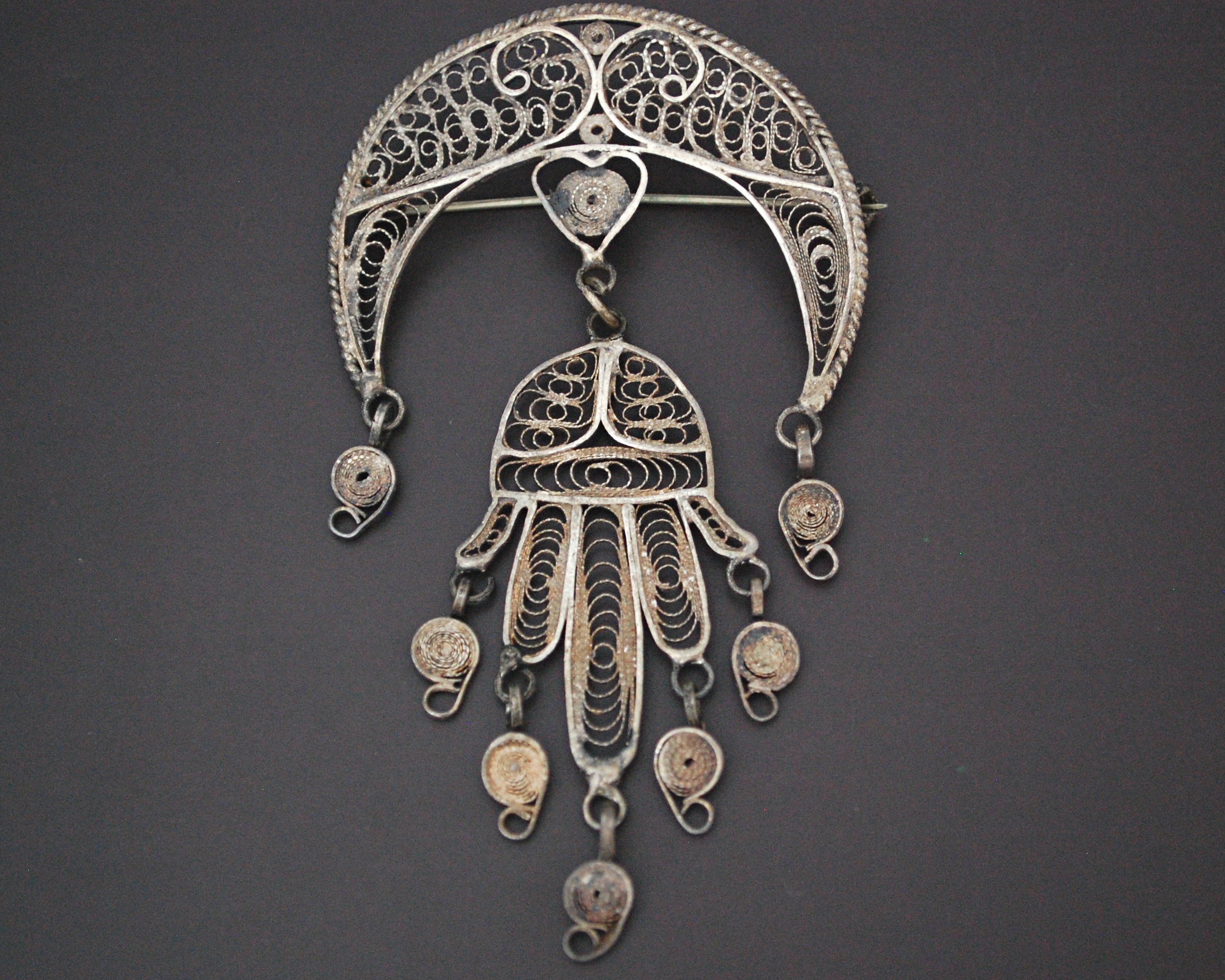 Tunisian Filigree Crescent and Hand of Fatima Brooch