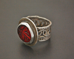 Afghani Silver Ring with Red Glass and Ornate Band - Size 7.5