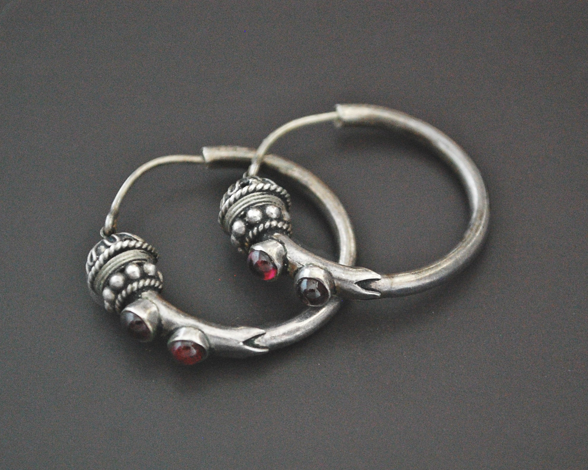 Ethnic Bali Hoop Earrings with Garnet