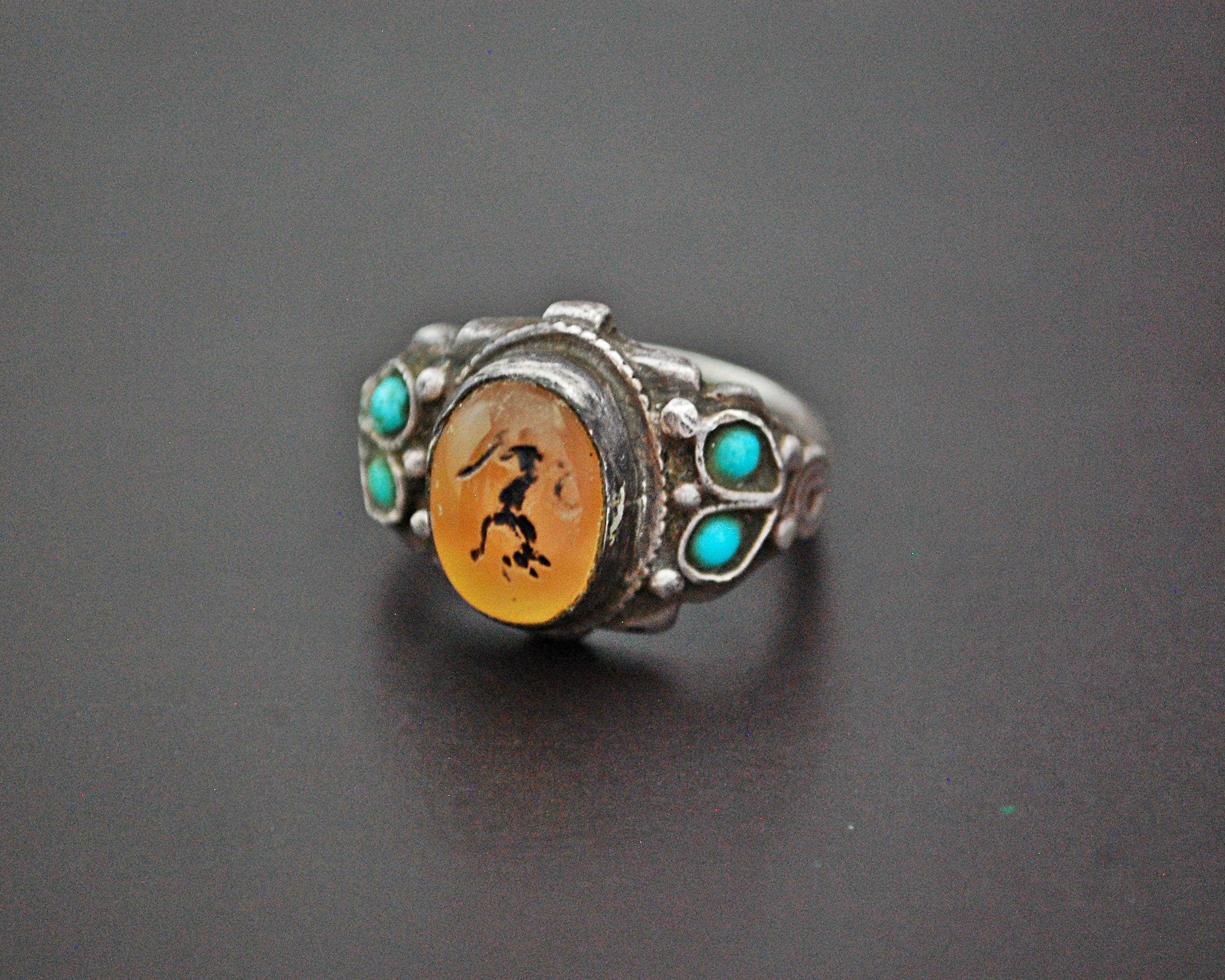 Old Afghani Intaglio Amber Turquoise Ring - Size 8.5