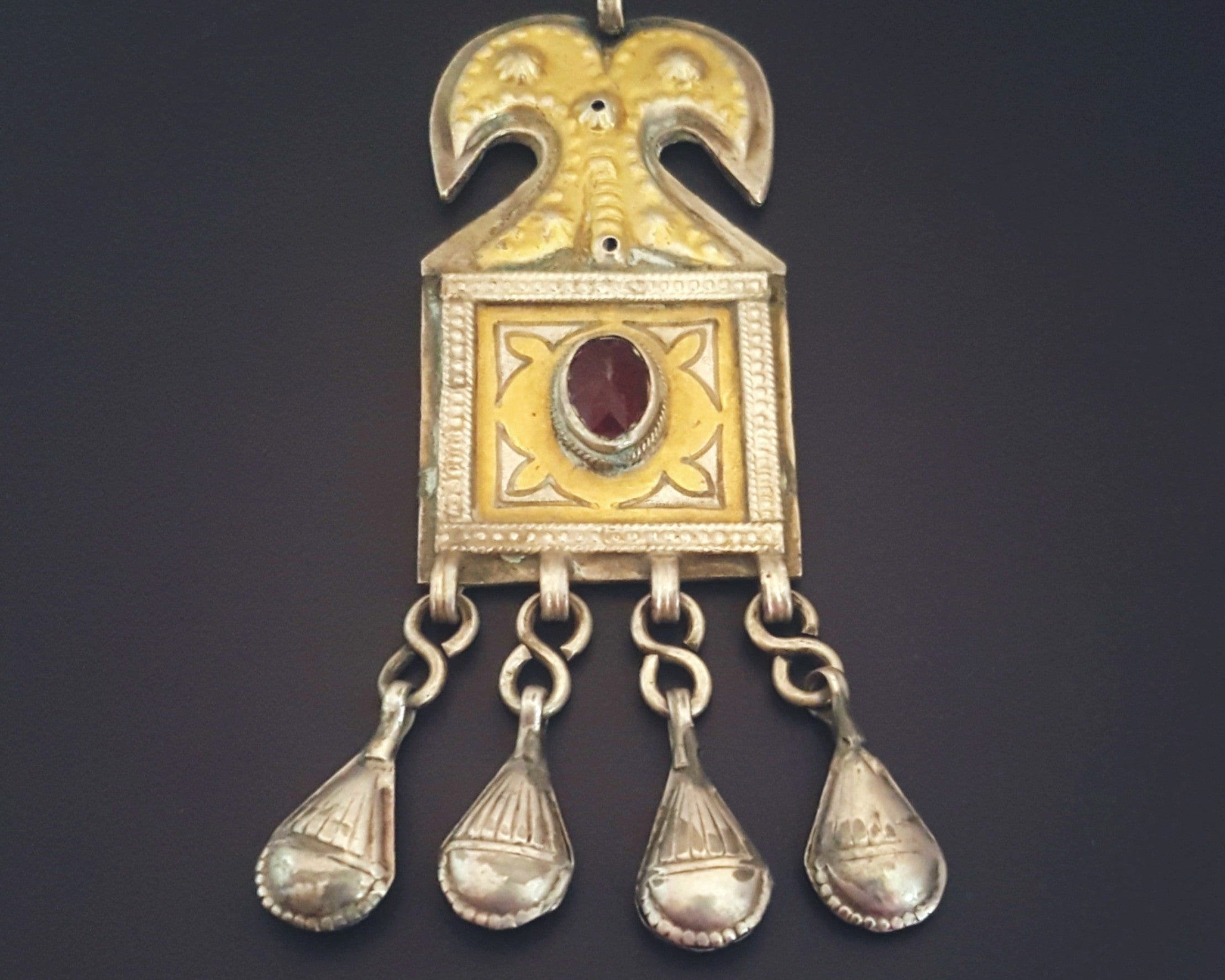 Turkmen Gilded Silver Pendant with Red Glass