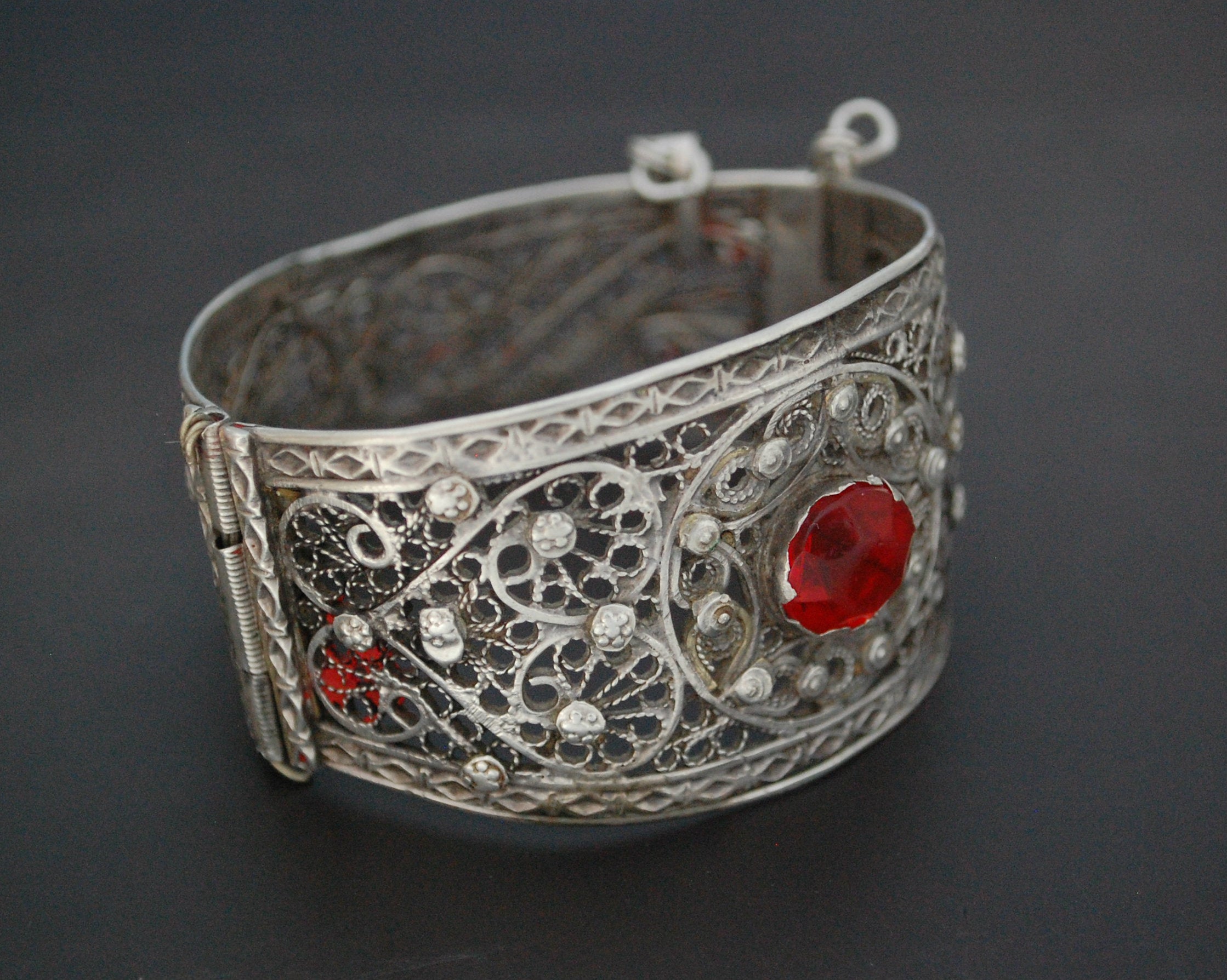 Afghani Filigree Bracelet with Red Glass