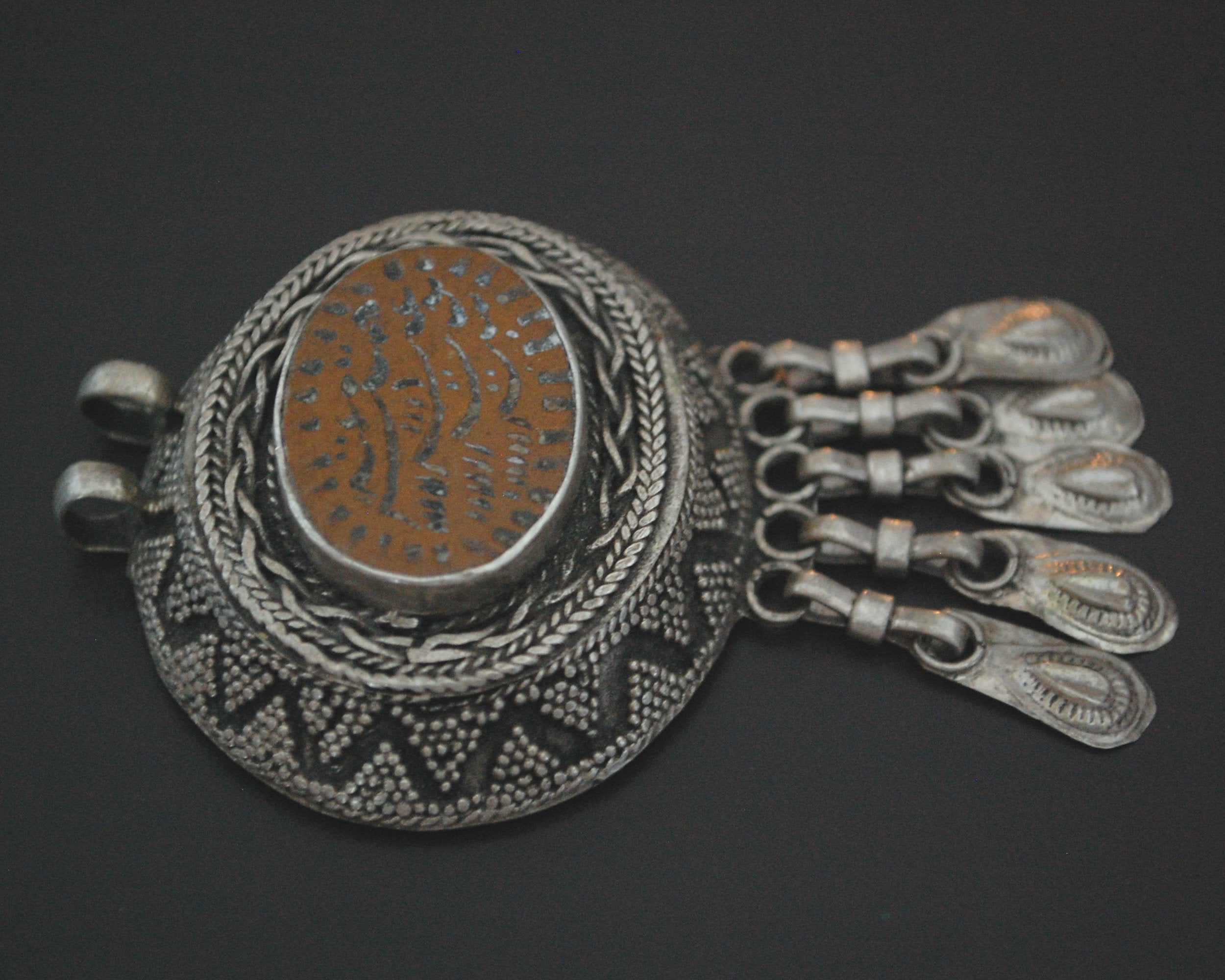 Kazakh Pendant with Engraved Agate and Dangles