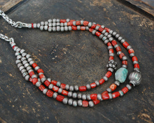Tibetan Multistrand Coral and Turquoise Necklace with Silver Beads