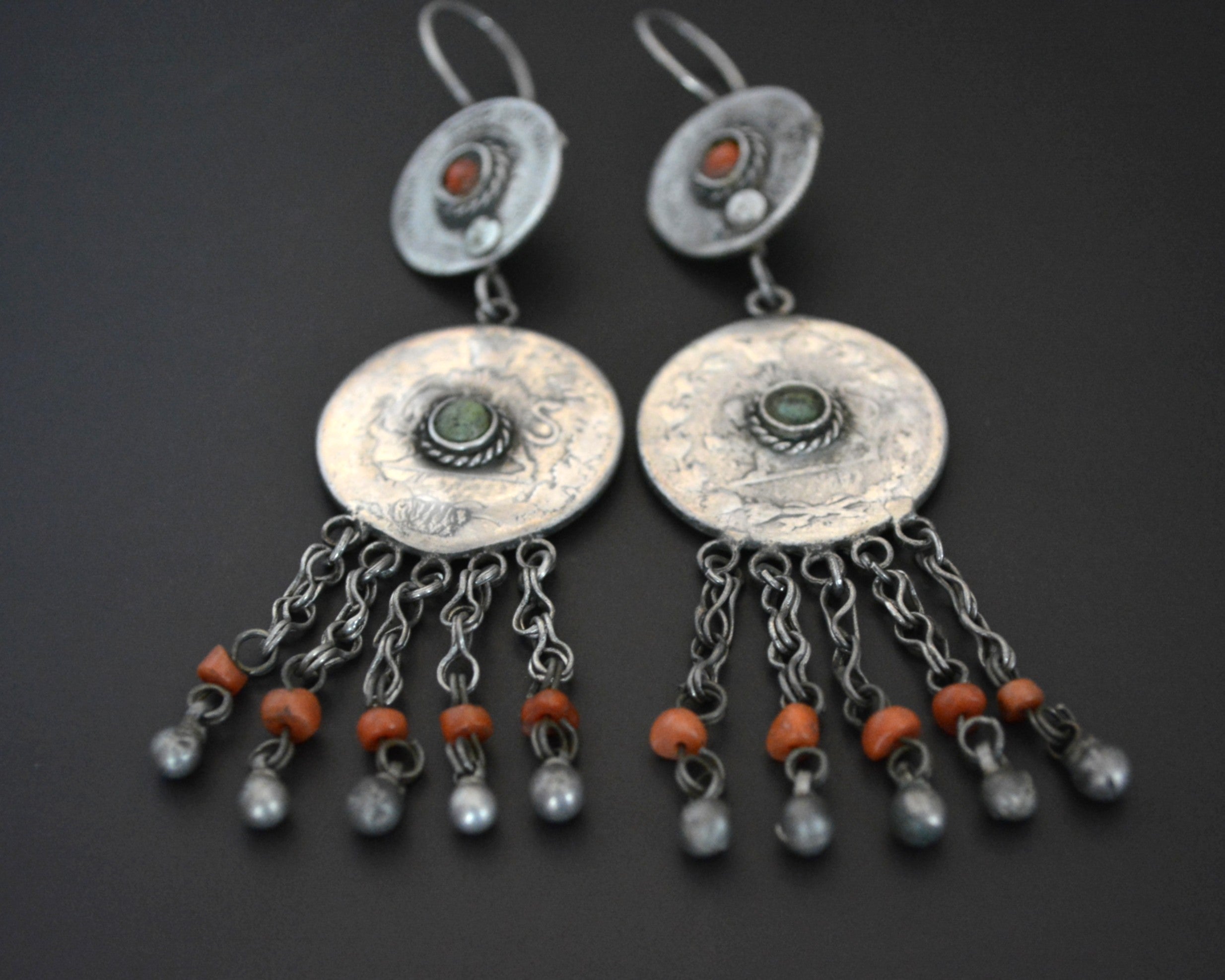 Uzbek Coral Turquoise Earrings with litte Bell Dangles