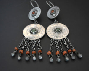 Uzbek Coral Turquoise Earrings with litte Bell Dangles