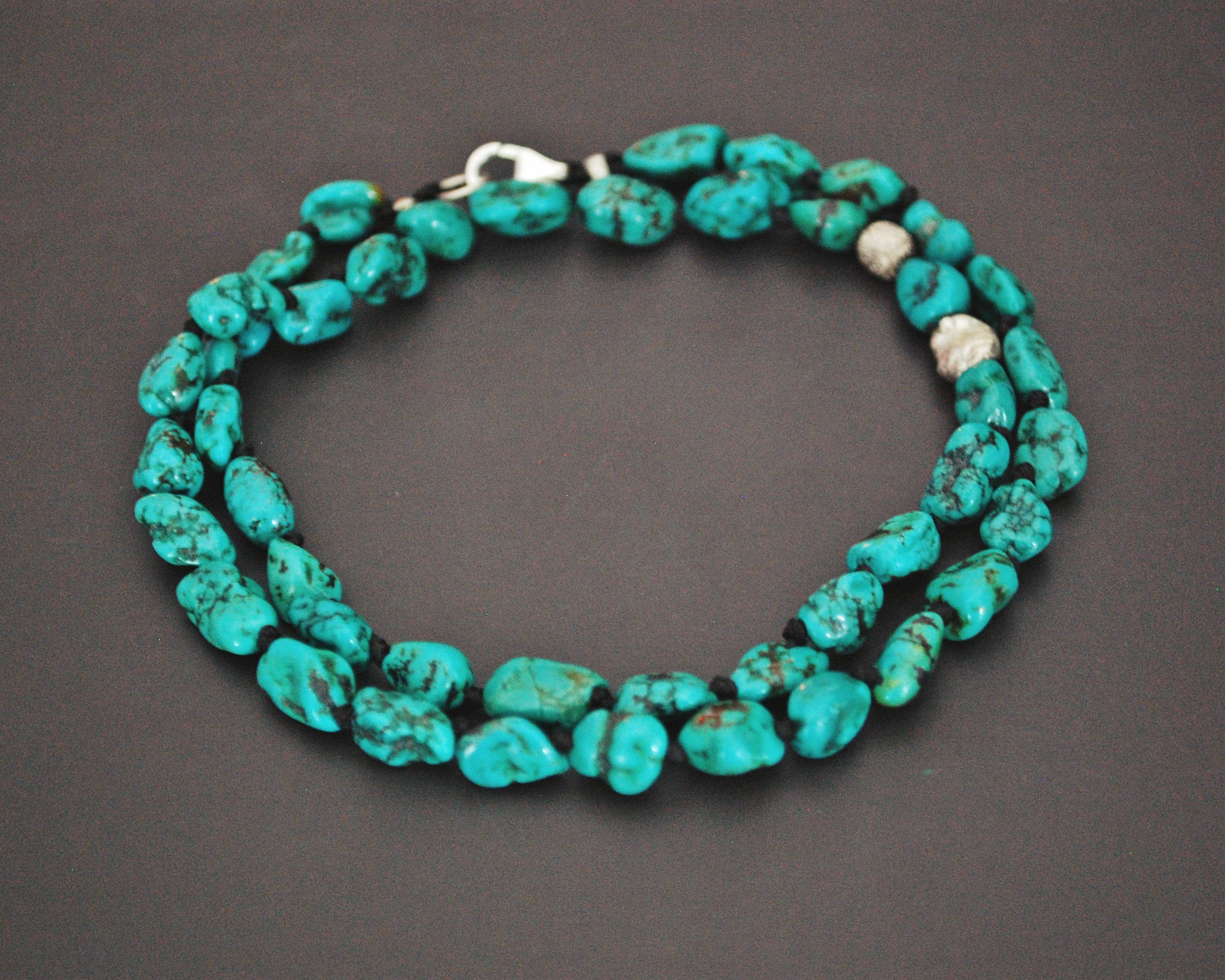 Knotted Turquoise Nugget Necklace with Silver Beads