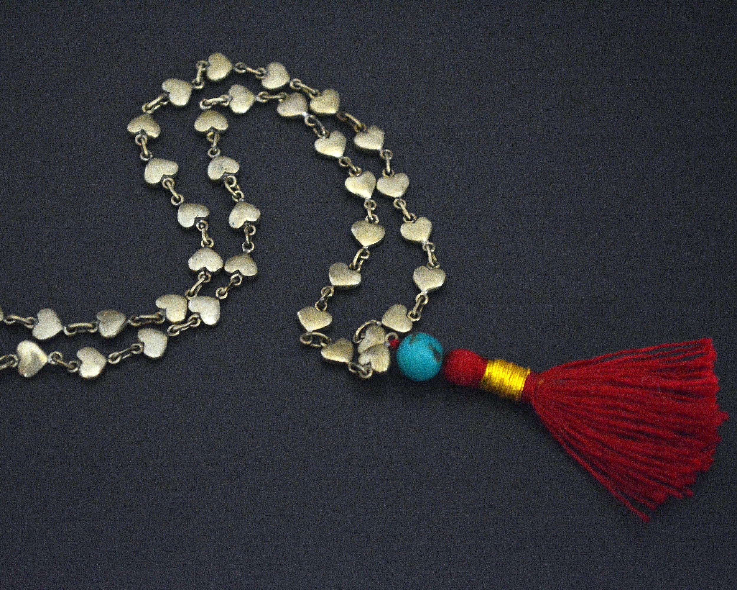 Nepali Brass Hearts Turquoise and Tassel Necklace