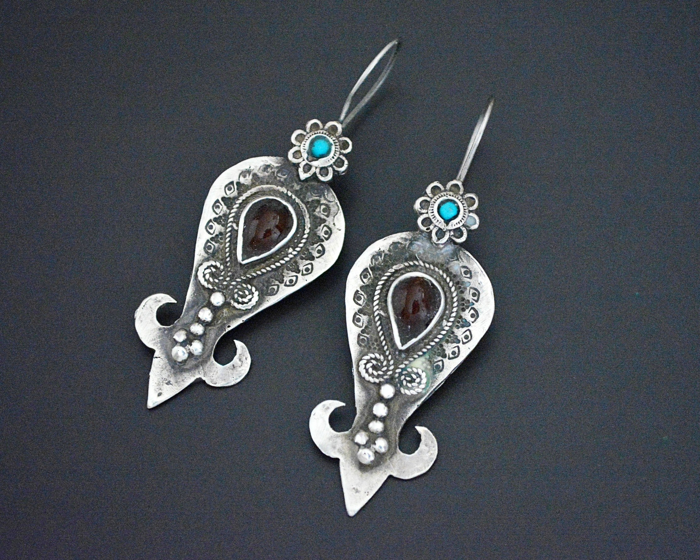 Pretty Uzbek Turquoise and Carnelian Earrings