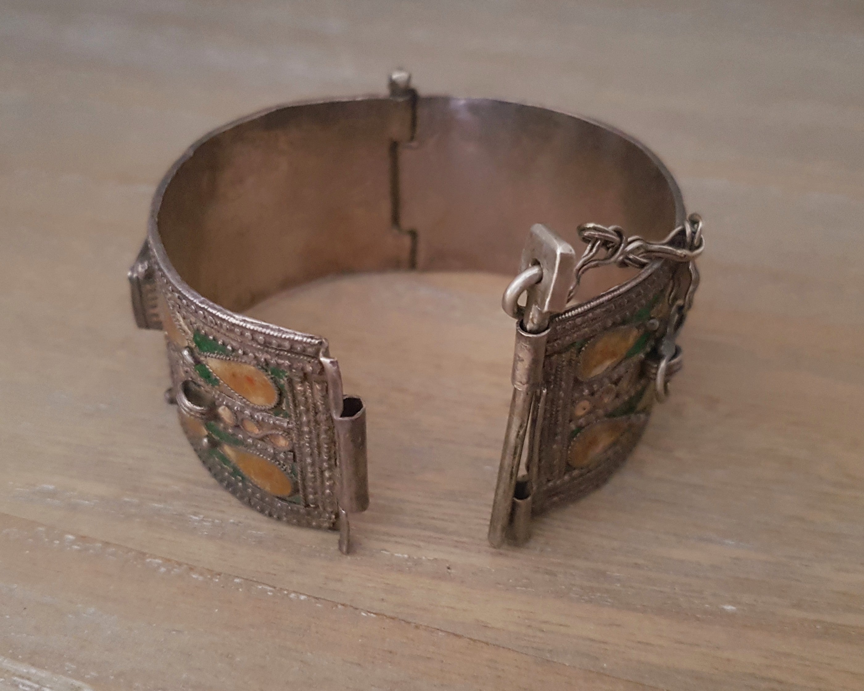 Reserved for R. - Berber Hinged Enamel Bracelet with Glass - SMALL