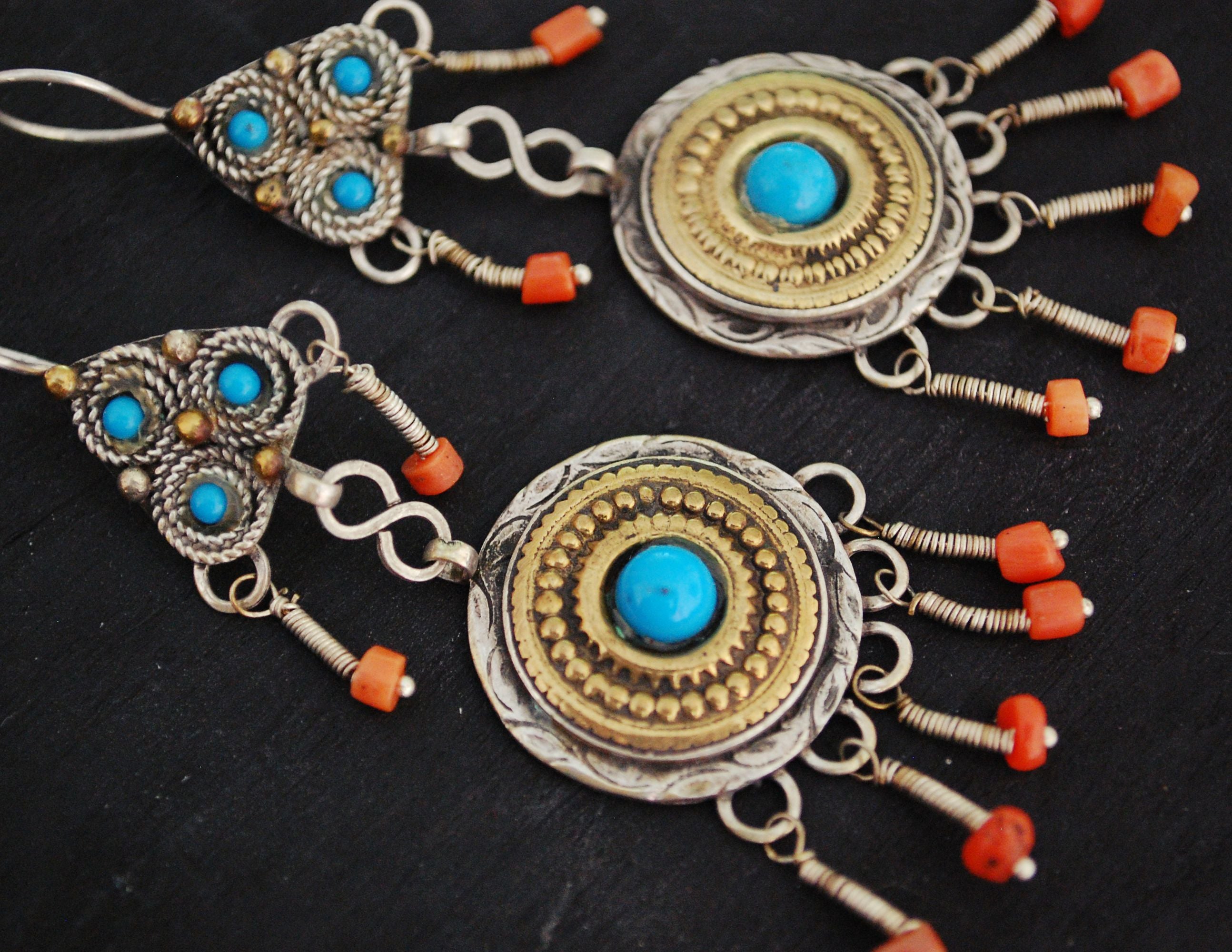Uzbek Gilded Coral Earrings with Blue Glass