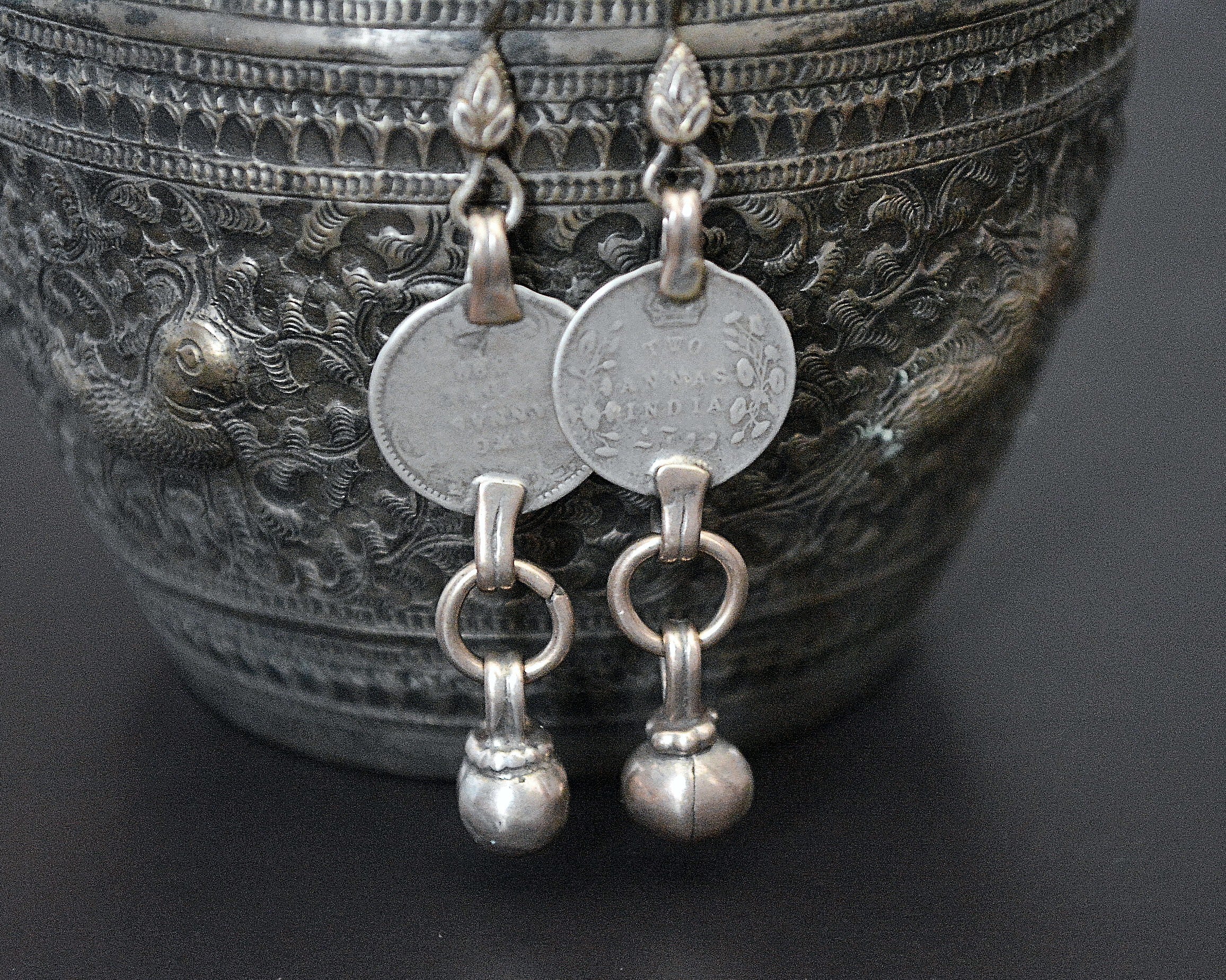 Indian Coin Dangle Earrings with Bell Dangle