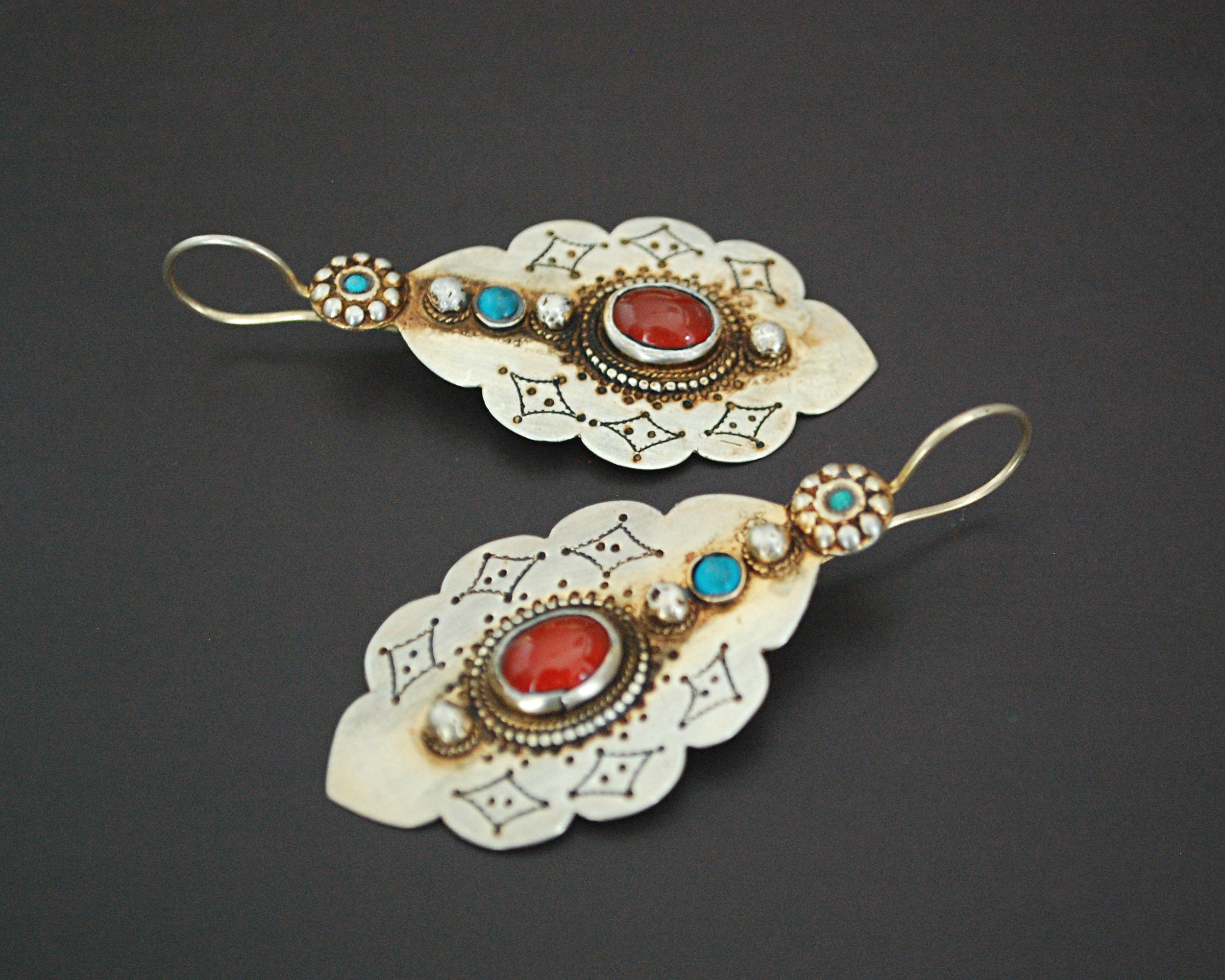 Turkmen Gilded Earrings with Carnelian and Turquoise