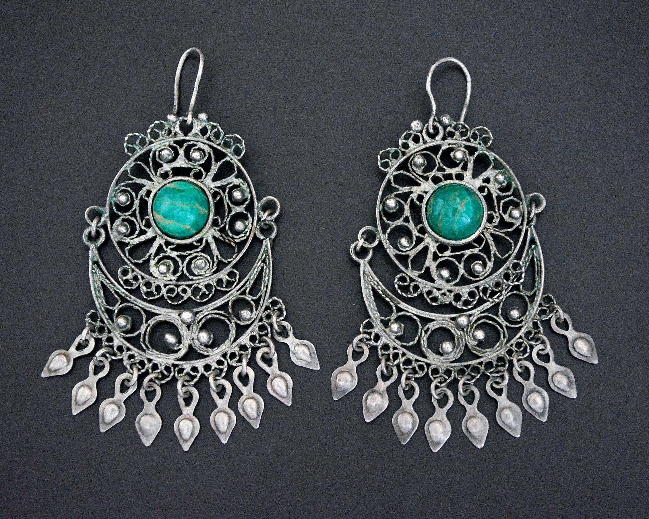 Ethnic Chrysocolla Filigree Dangle Earrings