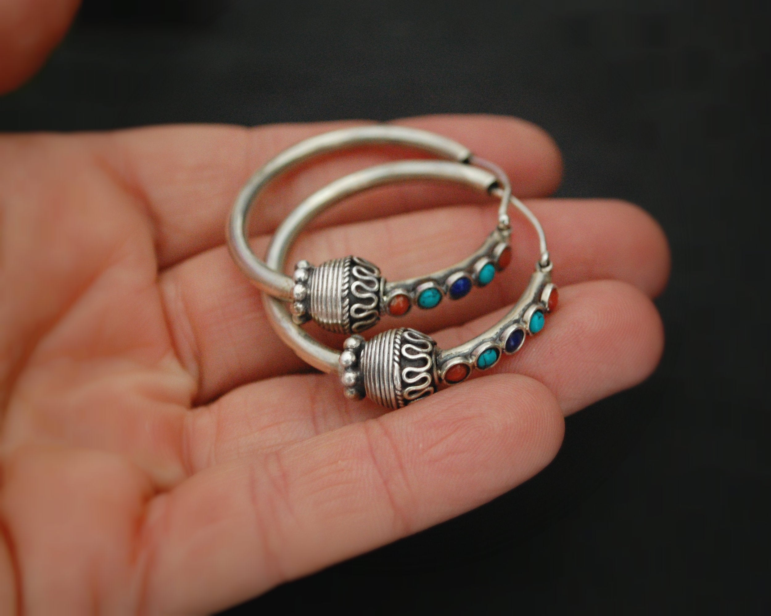 Ethnic Hoop Earrings with Turquoise, Coral, Lapis Lazuli