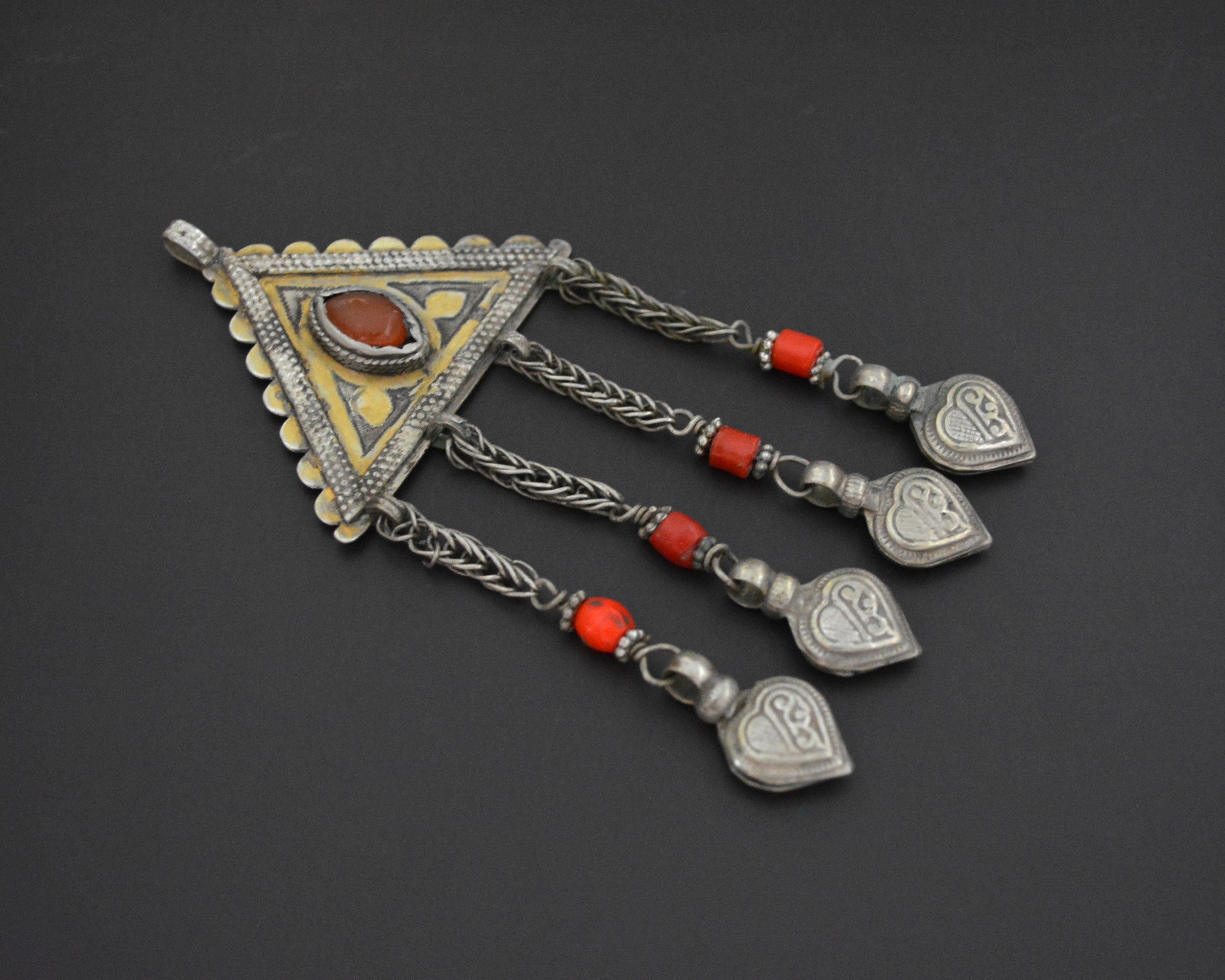 Turkmen Gilded Silver Carnelian and Glass Pendant