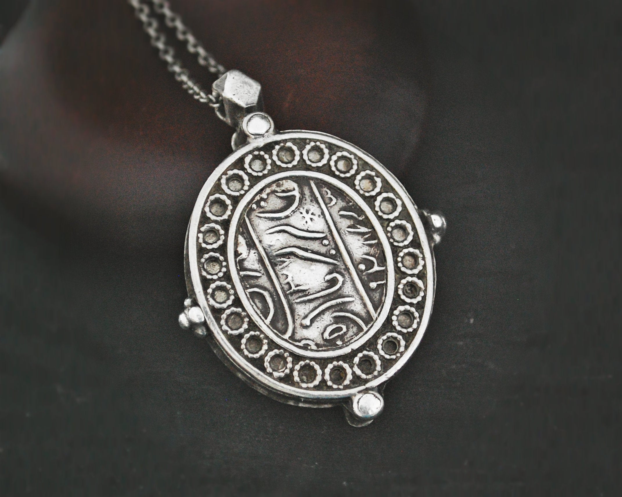 Arabic Script Locket Pendant on Silver Chain