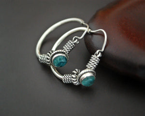 Ethnic Bali Hoop Earrings with Blue Stone