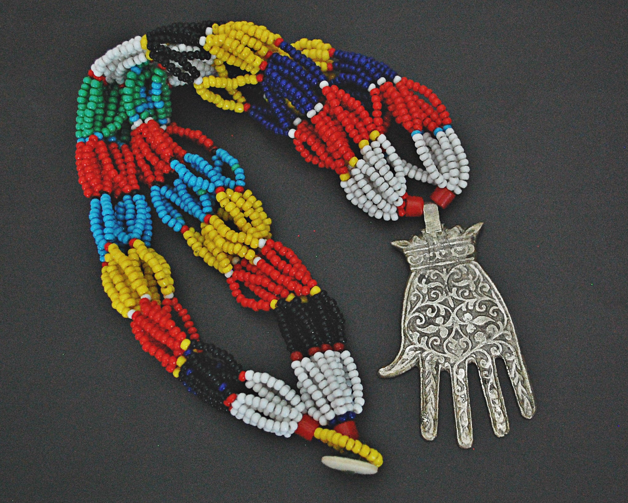 Berber Hamsa Necklace with Glass Beads