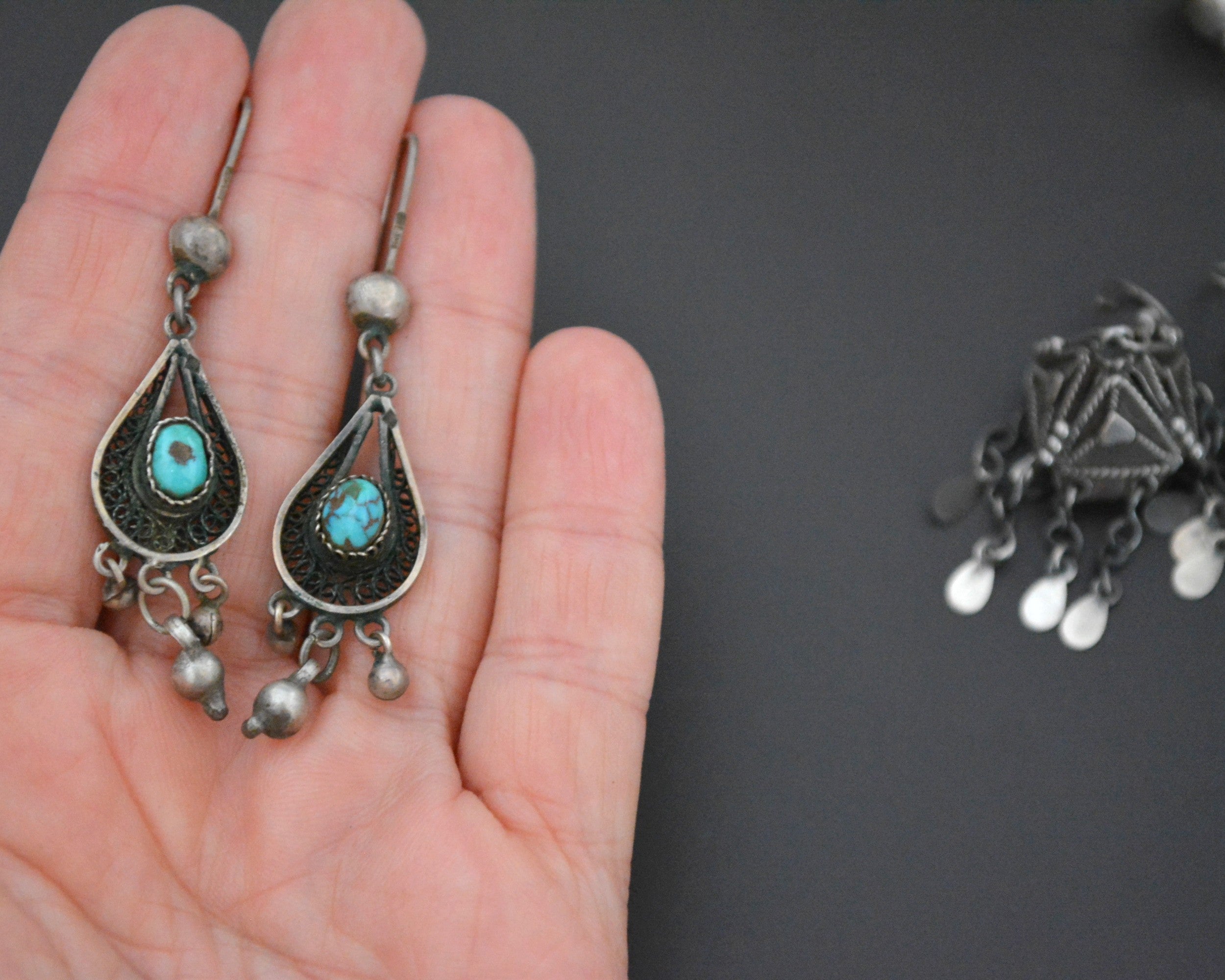 Set of Three Ethnic Silver Turquoise Dangle Earrings