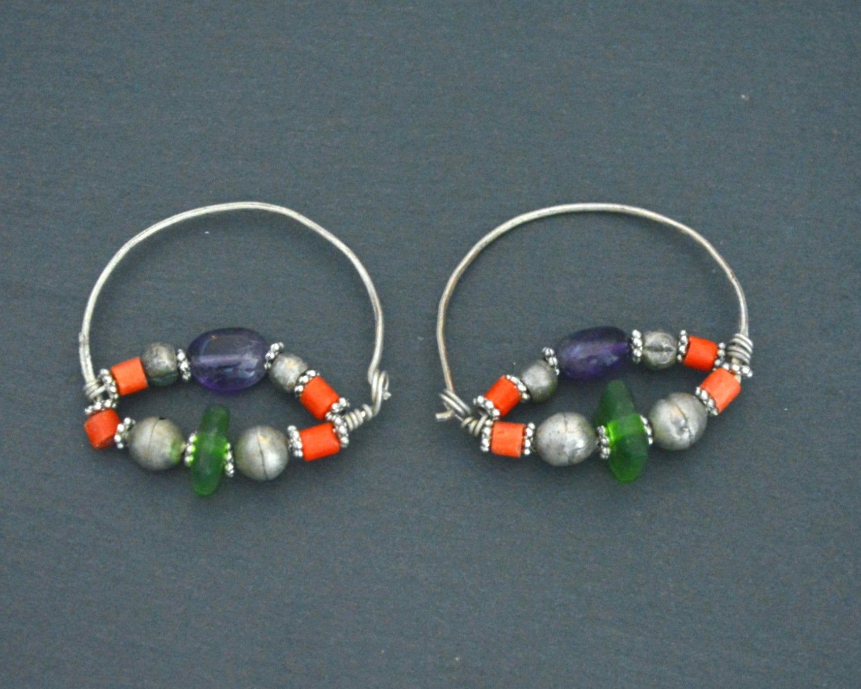 Uzbek Coral Glass Hoop Earrings