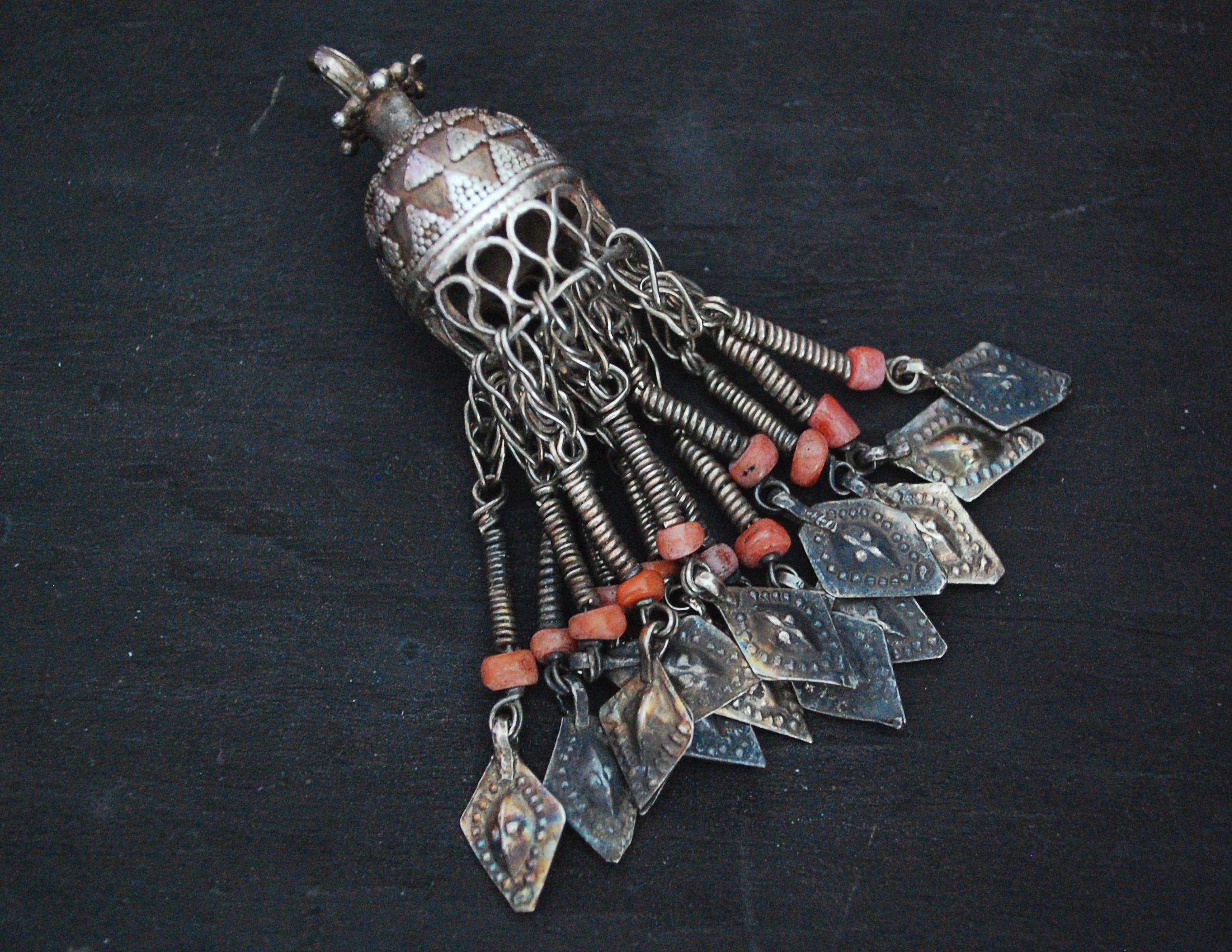 Tribal Kazakh Pendant with Coral Tassels