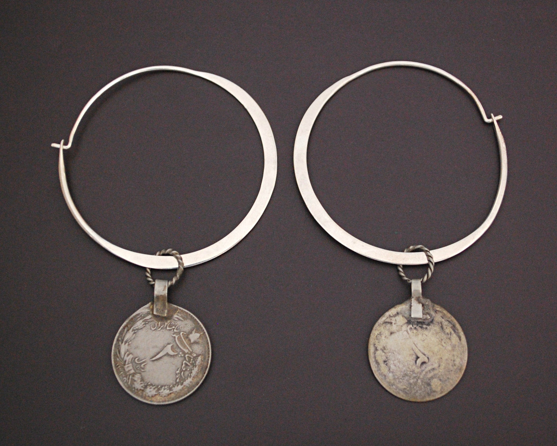 Large Sterling Silver Hoop Earrings with Old Coin