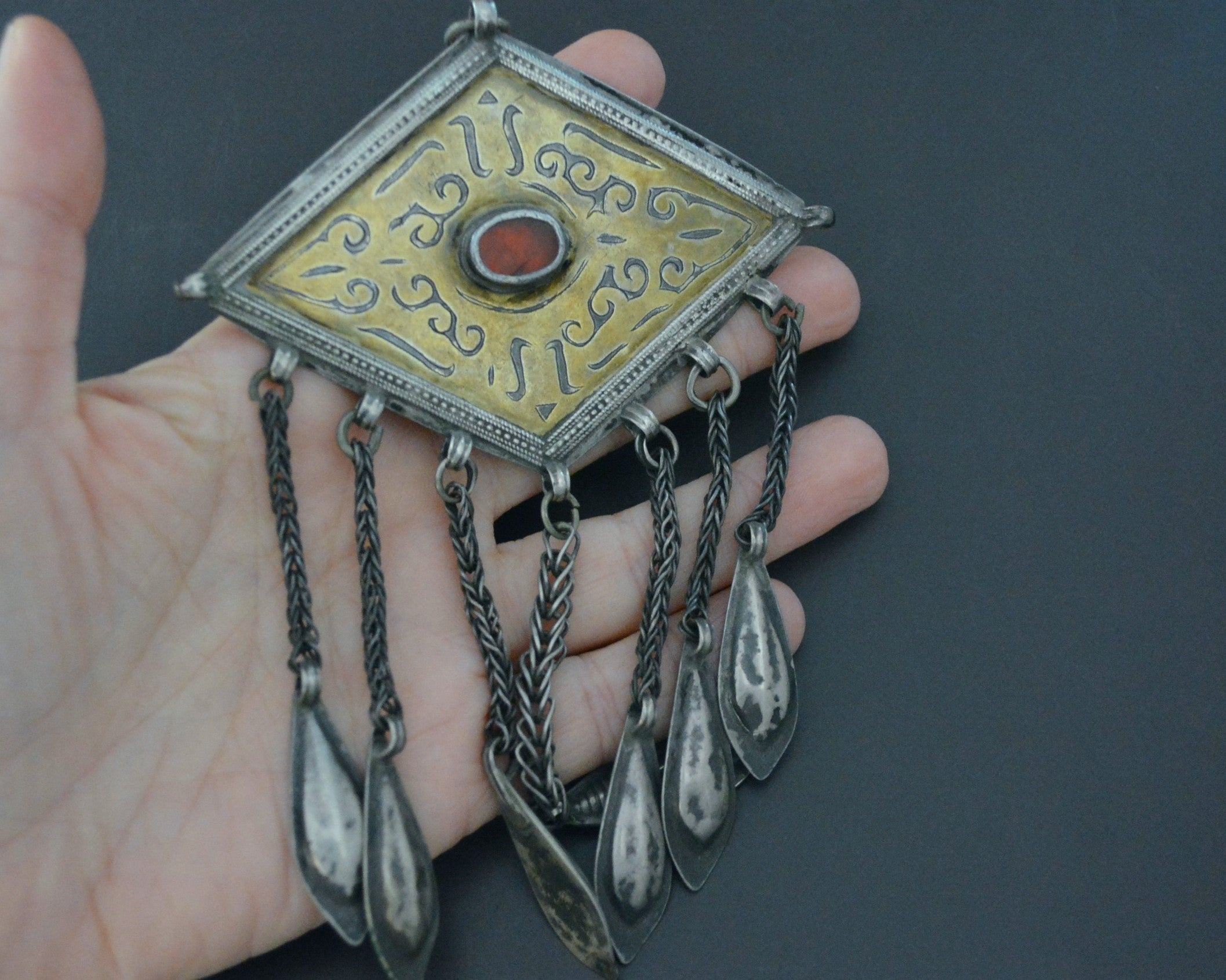 Antique Turkmen Tschapraz Pendant with Carnelian and Dangles