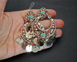 Middle Eastern Coin Filigree Dangle Earrings with Turquoise