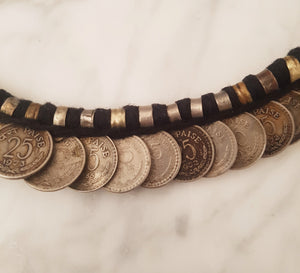 Old Indian Coin Necklace On Cotton Cord