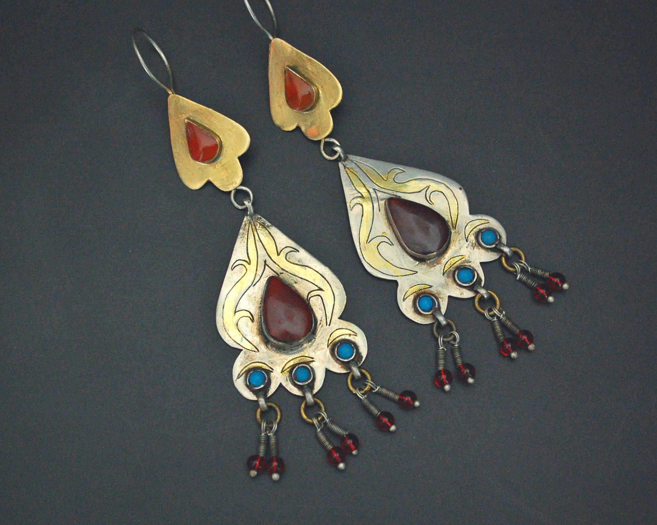 Turkmen Gilded Earrings with Carnelian and Turquoise
