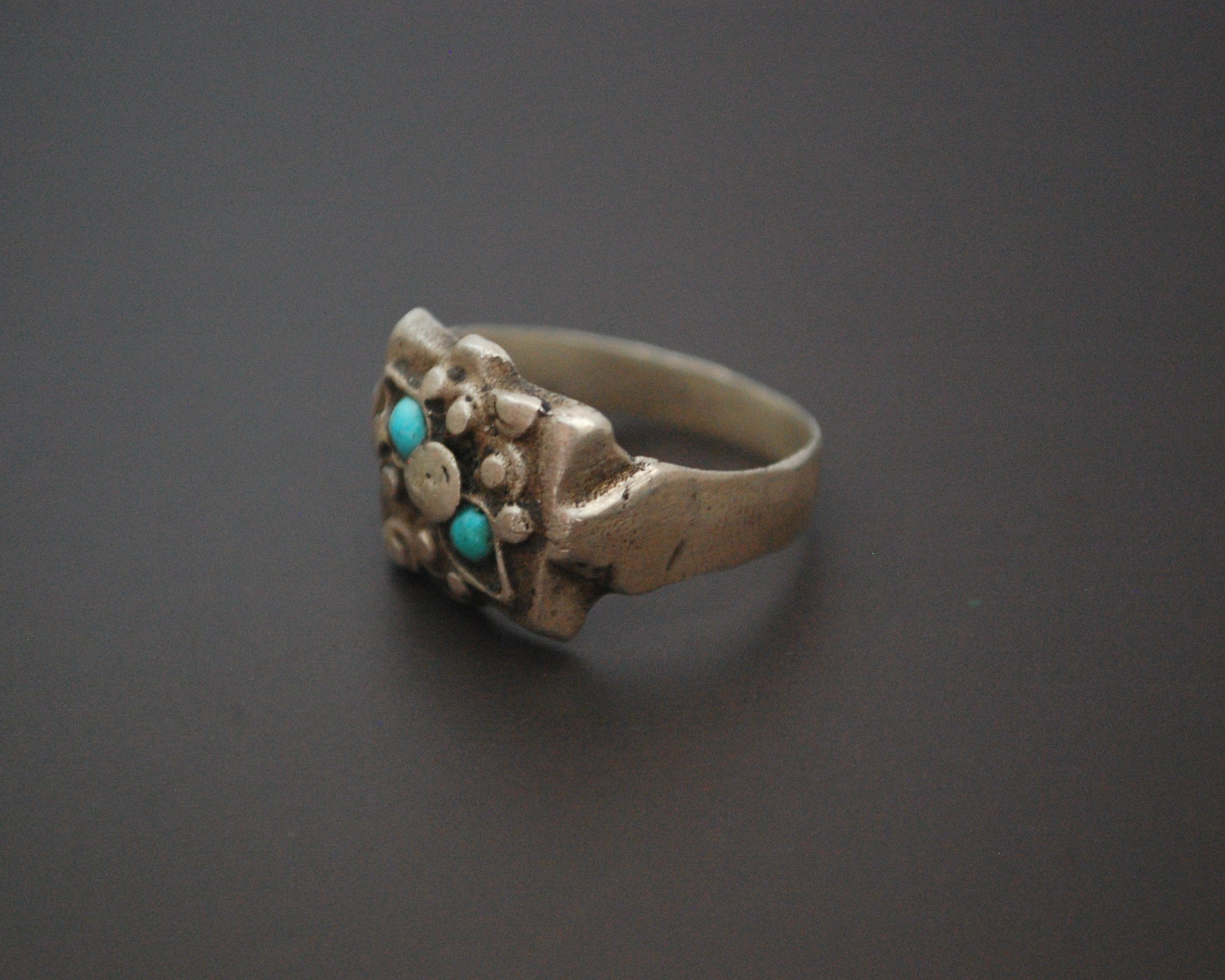 Old Afghani Silver Turquoise Ring - Size 8.5