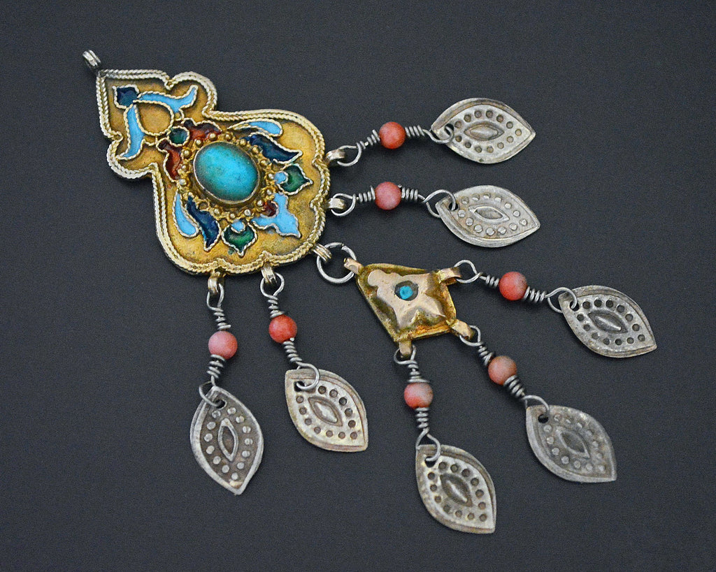 Old Gilded Uzbek Coral Turquoise Pendant with Enamel