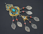 Old Gilded Uzbek Coral Turquoise Pendant with Enamel