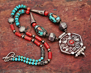 Vintage Nepali Coral Turquoise Necklace with Gau Amulet