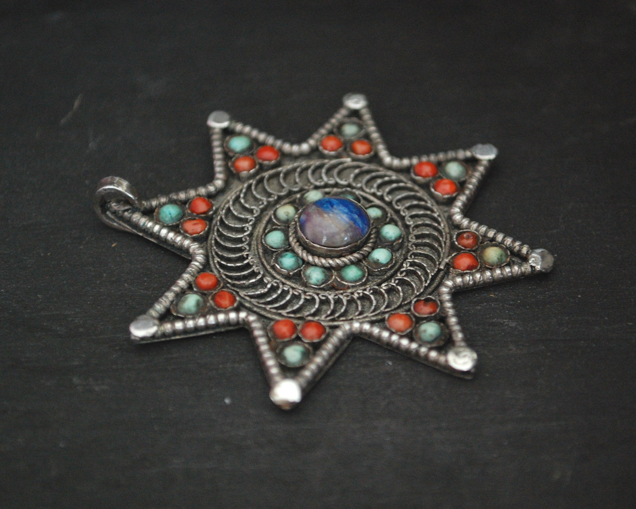 Nepali Star Pendant with Lapis Lazuli, Coral and Turquoise
