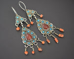 Uzbek Carnelian Coral Turquoise Dangle Earrings