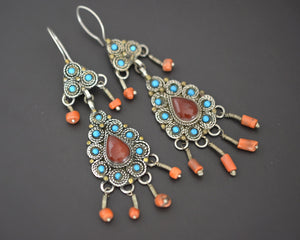 Uzbek Carnelian Coral Turquoise Dangle Earrings