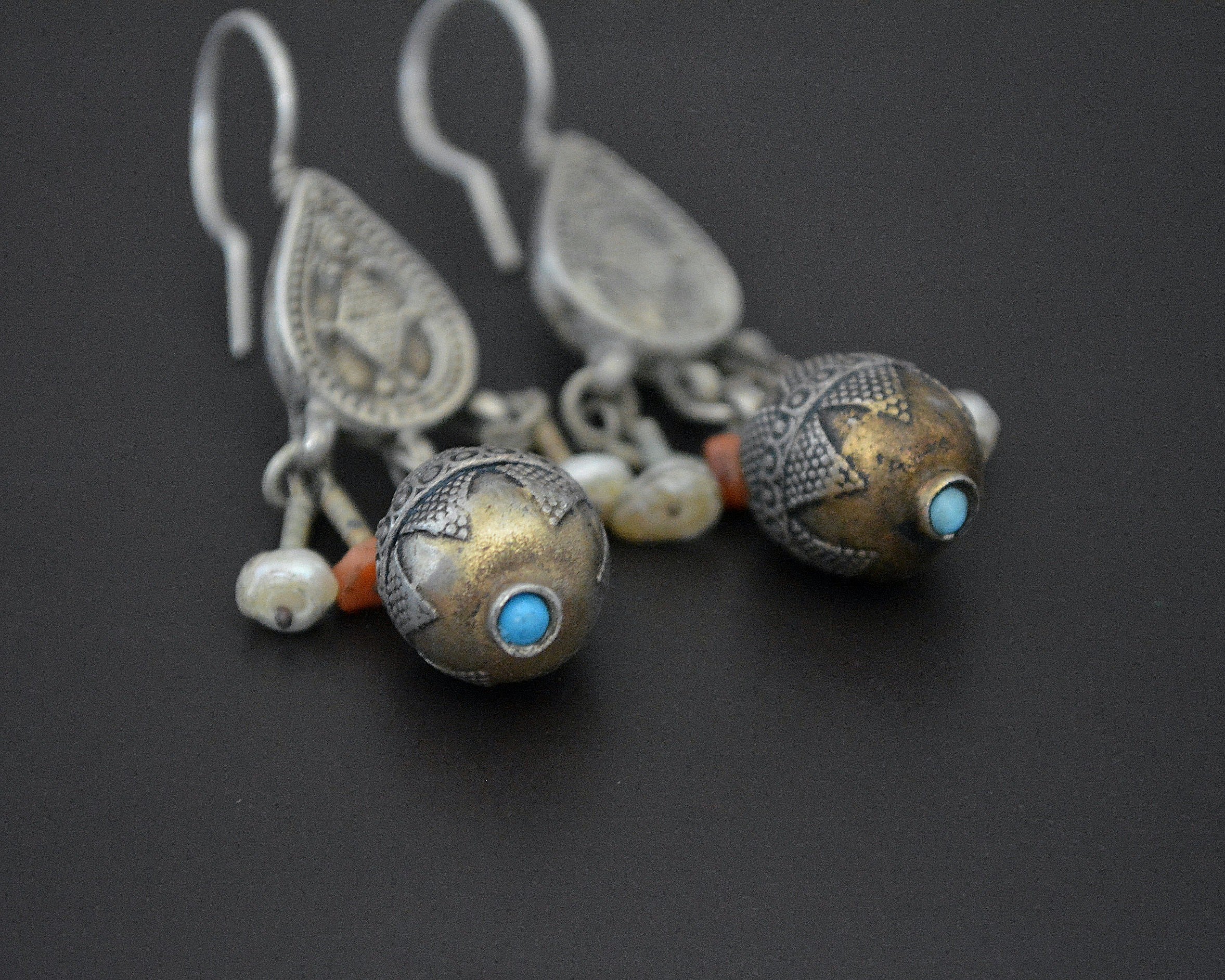 Vintage Kazakh Earrings with Coral and Pearls