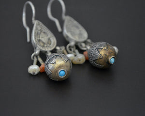 Vintage Kazakh Earrings with Coral and Pearls
