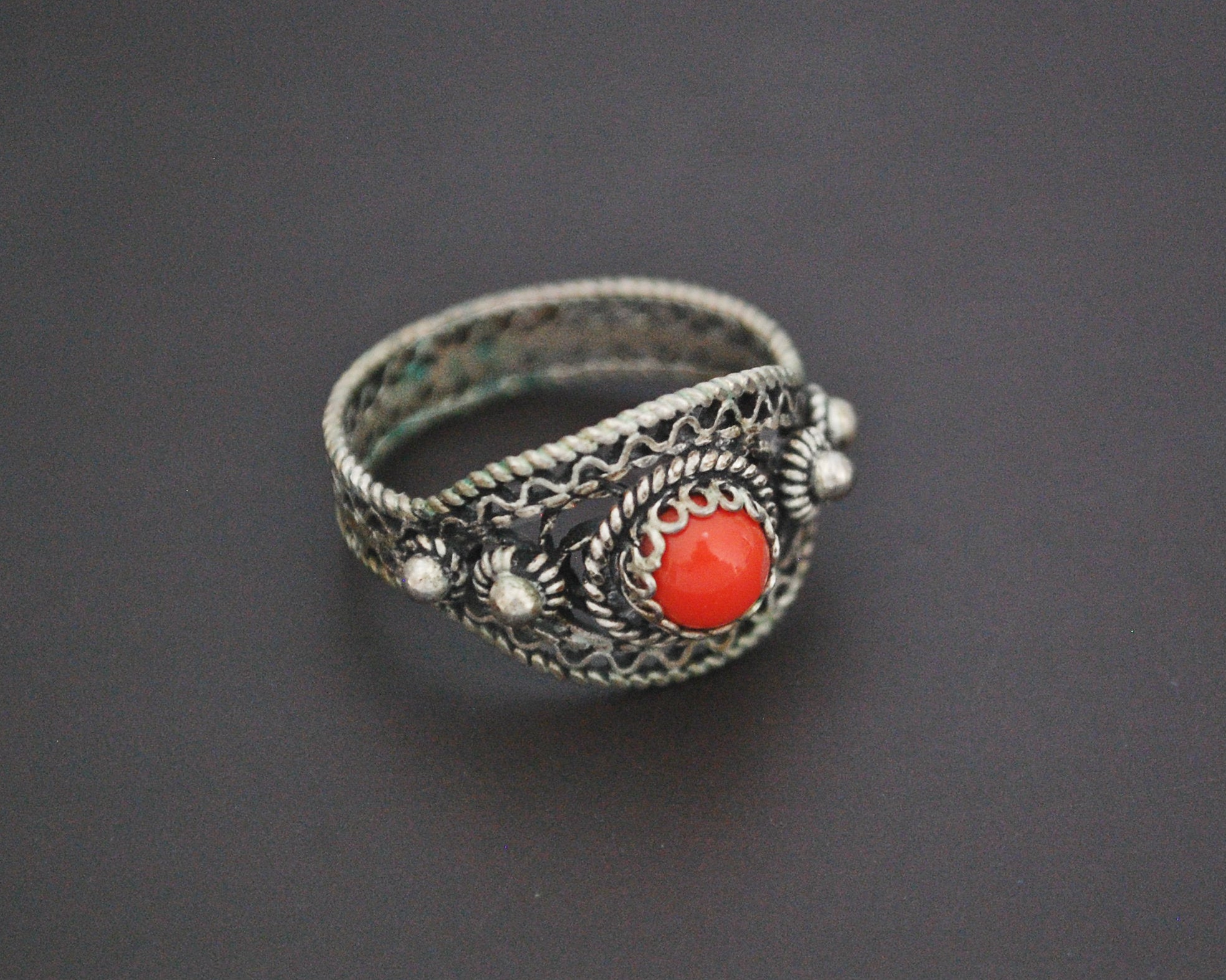 Croatian Coral Filigree Ring - Size 6.5