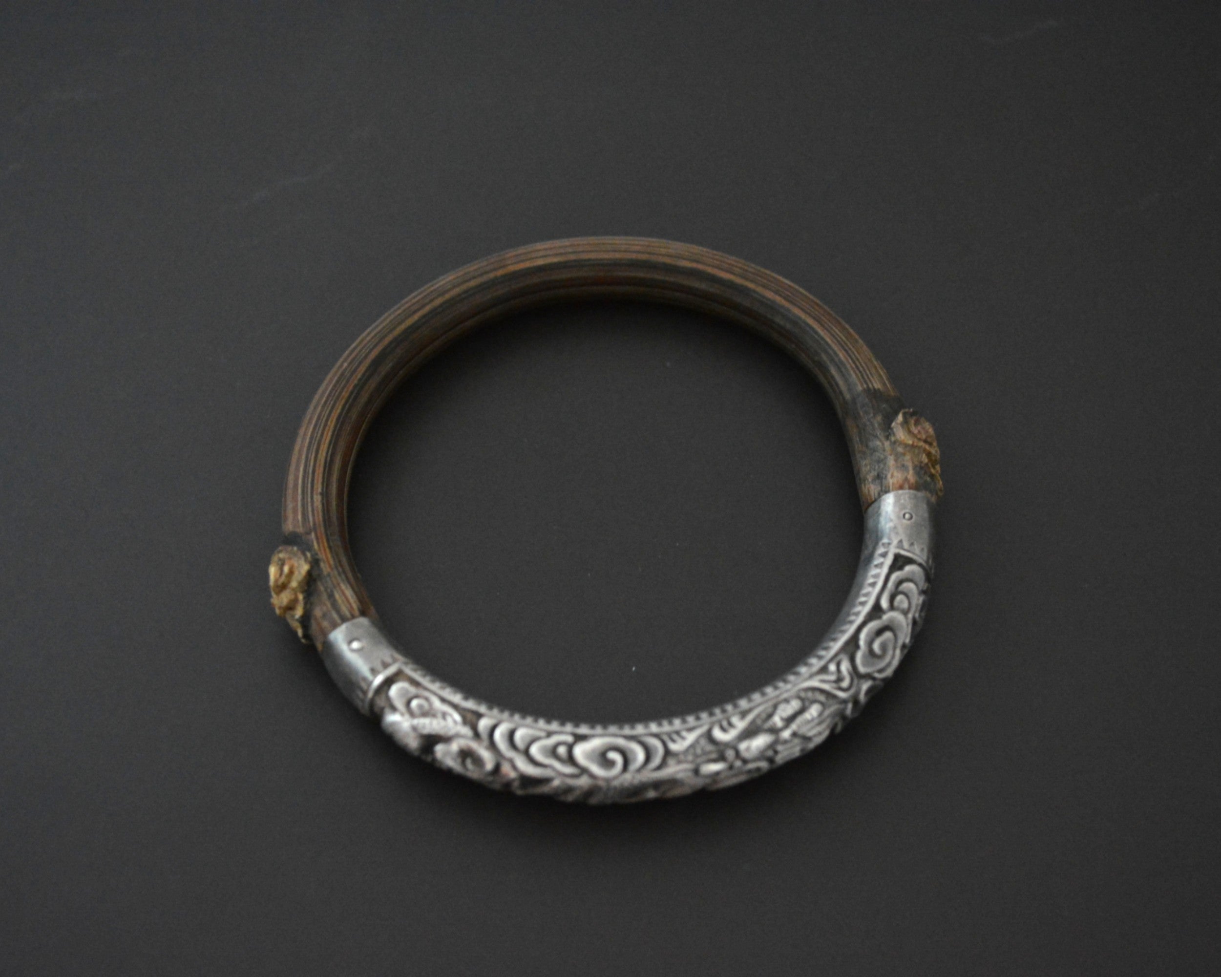 Antique Chinese Bamboo Bracelet with Silver Repoussee Dragon
